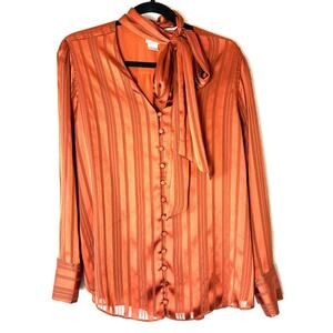 Chico's Rust Orange Shadow-Stripe Neck Tie Long Sleeved Blouse Size US 12/14